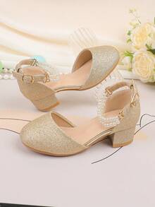 花童鞋适合婚礼、派对、节日，适合所有年龄段的女孩，儿童鞋，经典舒适百搭，金色简约珍珠闪亮高跟鞋，正式礼服、表演、芭蕾、玛丽珍、公主鞋 - 金色 - 查看 2