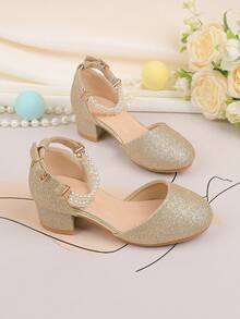 花童鞋适合婚礼、派对、节日，适合所有年龄段的女孩，儿童鞋，经典舒适百搭，金色简约珍珠闪亮高跟鞋，正式礼服、表演、芭蕾、玛丽珍、公主鞋 - 金色 - 查看 4