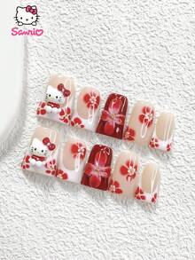 Sanrio Juego de 10 uñas francesas rojas de Sanrio, pegatinas 3D de Hello Kitty, uñas postizas de otoño e invierno, dijes de flores de cinco pétalos hechos a mano, uñas falsas lindas, gel de uñas rojo, disponible en 3 tamaños, uñas de almendra, uñas de pato, uñas de ataúd, incluye herramientas para uñas (1 hoja de pegatinas de gelatina + 1 lima de uñas) adecuado para otoño, invierno, uso diario, fiesta