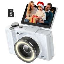 W&O Cámara digital para fotografía, cámara 4K con luz de anillo, pantalla abatible de 180° para vlogging con modo belleza, cámara compacta para principiantes con tarjeta SD, regalo de Navidad - Blanco - Ver 2