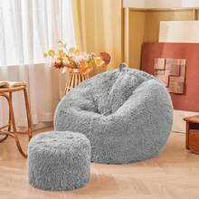 Fluffy Fuzzy Plush Gray Bean Bag Chair Covers – Soft Furry Shaggy Gray Bean Bag Chair Cover For  Girl, Stuffed Animals Bean Bag Storage, No Filler, 38"X38"X40",23856453 - 藍白色 - 查看 2