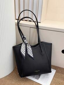 Large Capacity Minimalist Vintage-Style Handbag In Solid PU Leather With Matching Scarf, Versatile And Elegant Women's Bag, Fashionable Bag With Bow, Eye-Catching Handbag - 銀色 - 查看 8