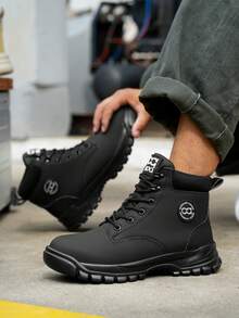 Men's Work Shoes Outdoor Sports Anti-Crush Steel Toe High-Top Lace-Up Construction Boots For Spring Summer Autumn Winter - Black - View 3