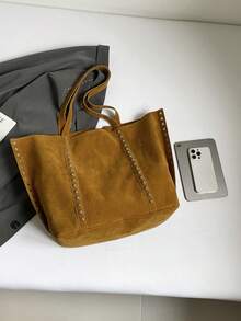 1pc Vintage Suede Large Capacity Shoulder Bag, New Handbag, Suitable For Work, Shopping, School And Other Occasions - Brown - View 6
