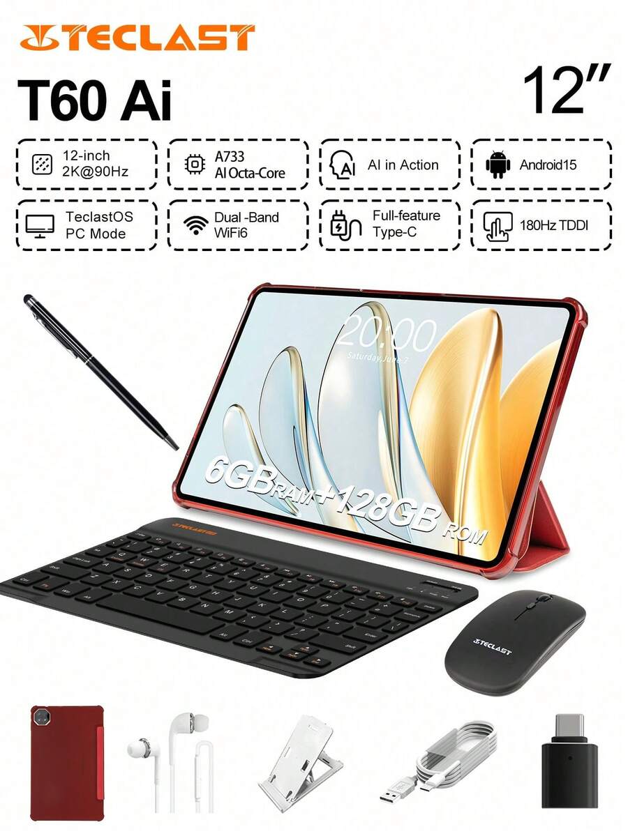 Teclast T60 AI Tablet (Allwinner A733 8-Core 1.8GHz/16(6G+10G)GB RAM/128GB ROM/11.97inch 1200*2000iPS TDDI/WIFI6/8000mAh/Type-C/13MP+5MP Camera/Android 15) With Keyboard & Accessories Bundle