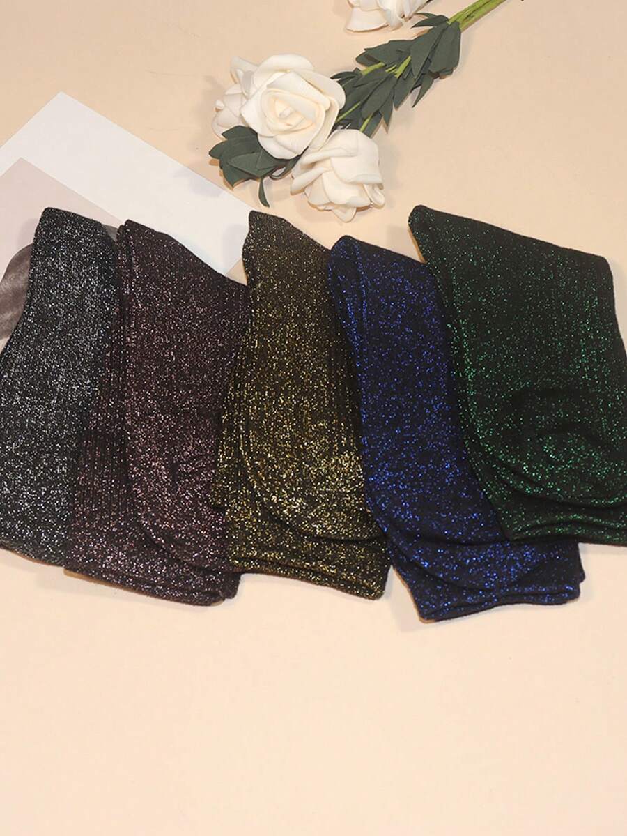 5双装女士时尚闪亮银线袜子，韩版厚袜子，适合秋冬 - 彩色 - 查看 1