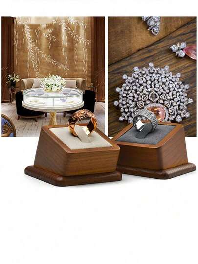 WOODTEN Marco de anillo de madera cuadrado Soporte de anillo de ante Escenario de exhibición de anillos Accesorios de fotografía de joyas Suministros para la ceremonia de propuesta de matrimonio Suministros para la boda Exhibición de joyería Estilo de lujo ligero. Madera maciza talla grande microfibra, microfibra seleccionada, suave y delicada, con una textura sobresaliente. Madera maciza natural