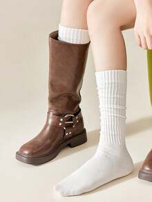 2 Pairs Women's Black & White Simple Slimming Calf Socks, Warm Long Socks Suitable For Daily Wear With Leather Shoes, Autumn/Winter