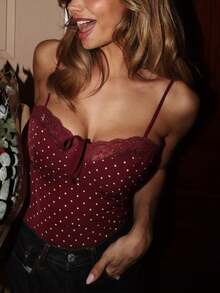 Sleeveless Spaghetti Strap Camisole For Women Cute Bowknot Lace Trim Stylish Crop Tops Fashion Polka Dot Slim Fit Corset Vest Summer Fall Versatile Style Tank Tops For Beach Party Club - 紅色 - 查看 2