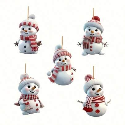 Art Deco Christmas Snowman Pendants - 5-Pack Acrylic Cartoon Snowman Hanging Ornaments For Home & Garden Christmas Tree Decoration - Festive Party Decor Holiday Finials With No Electricity Needed