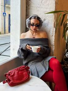 HoloChill Women Young Influencer Style Solid Color Off-Shoulder Ribbed Casual Pullover Sweater, Summer Casual New Arrival Carnival