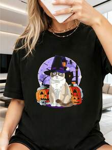 Snowshoe Cat Cute Halloween Witch Pumpkin T-Shirt       Jpg  Graphic Tees Women Crop Tops Summer Outfits For Women Summer Tops T-Shirt - 黑色 - 查看 1