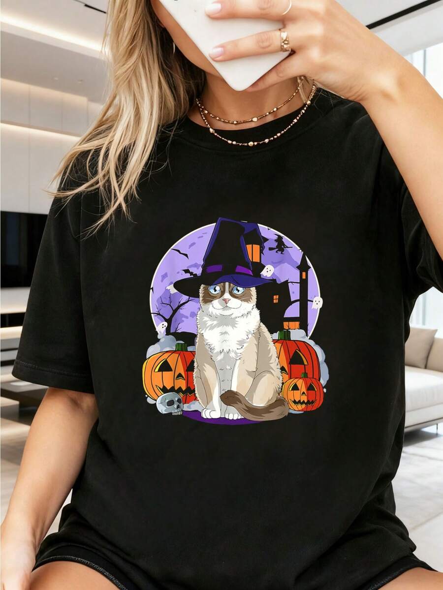 Snowshoe Cat Cute Halloween Witch Pumpkin T-Shirt Jpg Graphic Tees Women Crop Tops Summer Outfits For Women Summer Tops T-Shirt - 黑色 - 查看 1