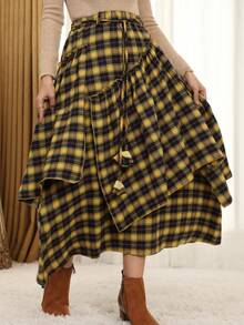 Scottish Style Women's Tartan Skirt - Elegant High Waist With Celtic FringeFlowyAsymmetrical Hem | Non-Stretch Fabric | All-Season Wear - 黃色 - 查看 5
