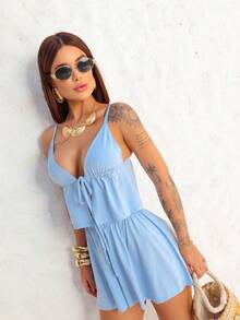 Women's Set, Shorts Set, Summer Set, Candy Color Set, Set With Blouse - Celeste - Ver 1