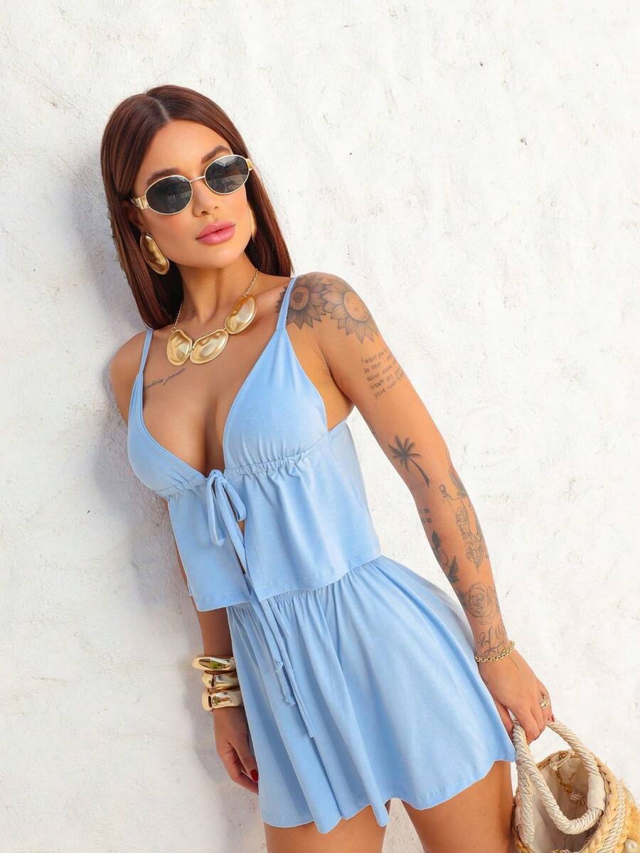 Women's Set, Shorts Set, Summer Set, Candy Color Set, Set With Blouse - Celeste - Ver 1