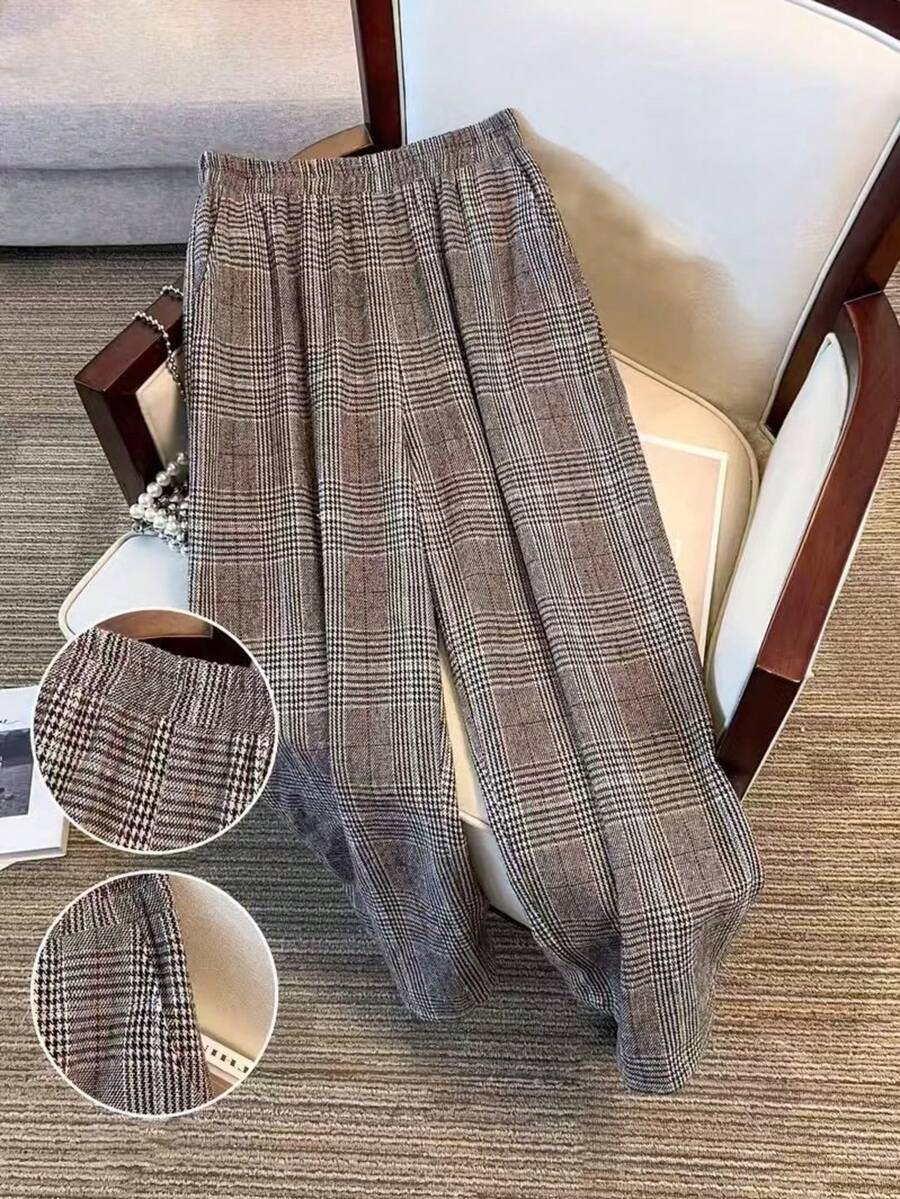 Women's Plaid Woven Fabric Wide Leg Pants, Long Casual Trousers Without Stretch