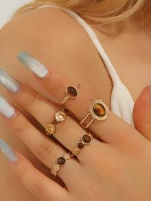 Bộ 5 chiếc nhẫn khảm ngọc lam giả cổ điển, nhẫn kim loại hợp kim kẽm có thể điều chỉnh dành cho nữ - Bộ nhẫn - Xem 17