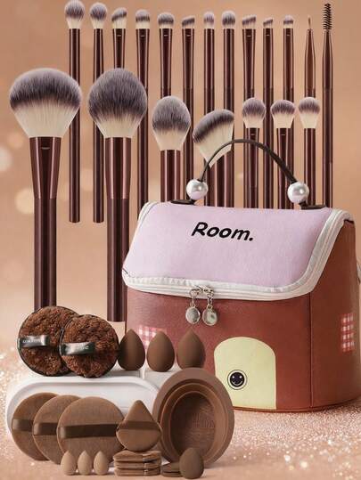 40/19/1pc Combination Set Of Makeup Brushes And Makeup Bag Makeup Sponges,Makeup Remover Puff & Eyeshadow Brush & Eyebrow Brush & Foundation Brush & Powder Makeup Brush & Blush Brush & Concealer Brush & Highlighter Brush Ultra-Soft Premium Synthetic Hair For Daily Makeup On Face