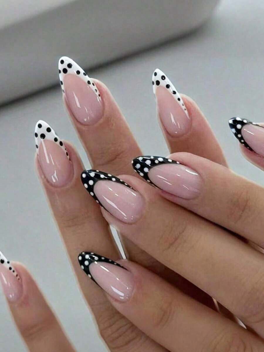 24pcs Almond-Shaped Nail Stickers, Shiny Polka Dot French Manicure Style, Minimalist & Elegant, Reusable, Suitable For Women's Daily Life And Travel - 多色 4 - 查看 1