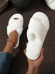 1 Pair Of Women's Suede Cross Slippers, Soft And Lightweight Indoor Home Shoes, Silent Carpet Slippers - trắng - Xem 7