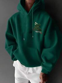 Men's Fashionable Versatile Casual Crane Print Hoodie Sweatshirt, Autumn/Winter - Green - View 2