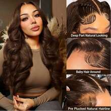 30 Inch Chocolate Brown Body Wave Lace Front Human Hair Wigs 250 Density Pre Plucked 13x4 HD Lace Frontal Wig Brazilian Glueless Human Hair Wigs #4 Brown Colored Human Hair Wig For Women - 巧克力棕 - 查看 3