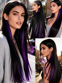 10 件/套彩色夹式接发，合成接发，适合音乐节、万圣节、派对、女士 - 紫色 - 查看 3