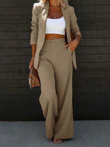 Elegant Business And Leisure Two-Piece Suit, Single-Button Lapel Suit Jacket And Slim Trousers, Women's Wear - Khaki - View 7