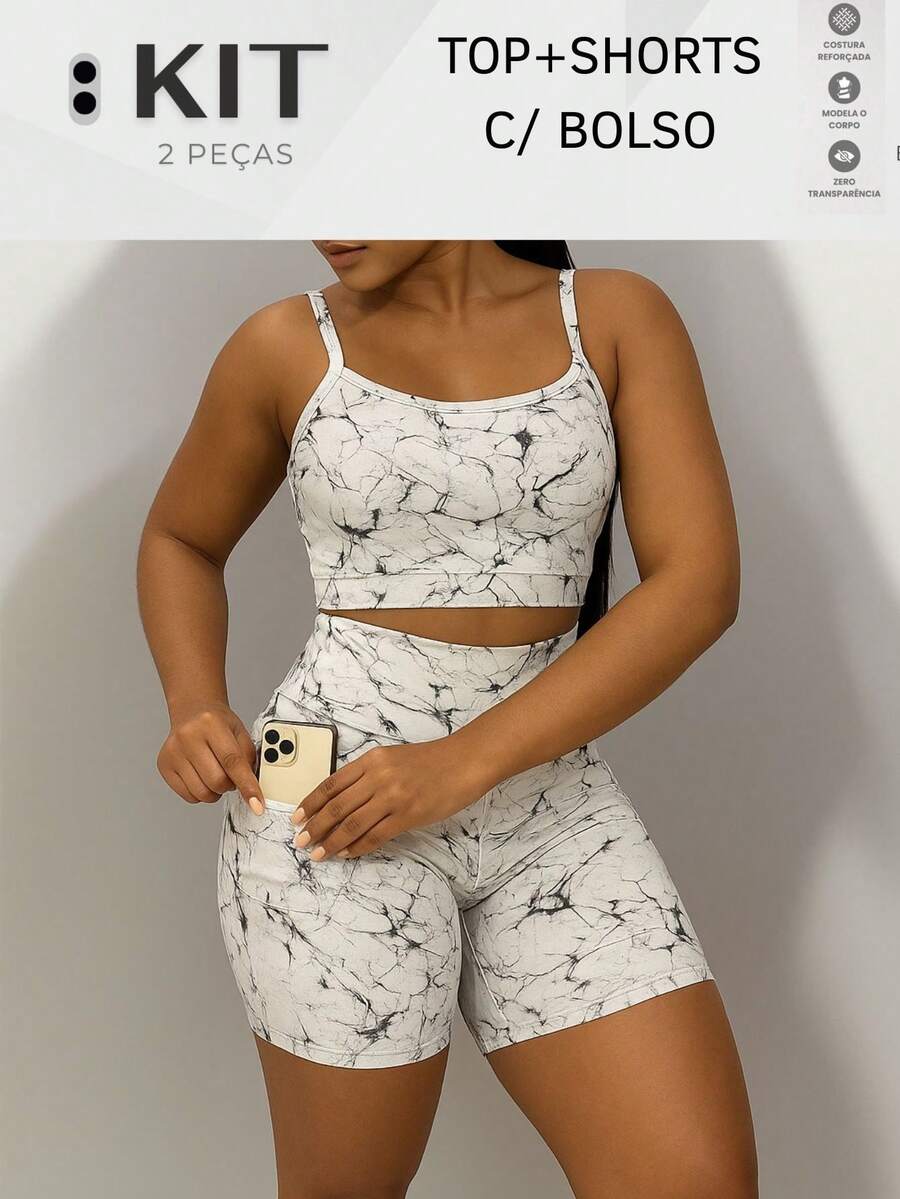 Top And Shorts Set With POCKET Fitness Gym High Waist Double Waistband - Trắng vân đá - Xem 1
