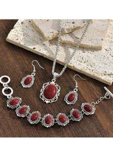 1 Set Turquoise Necklace, Earrings, Bracelet Bohemian Vintage Jewelry Set - Red - View 3