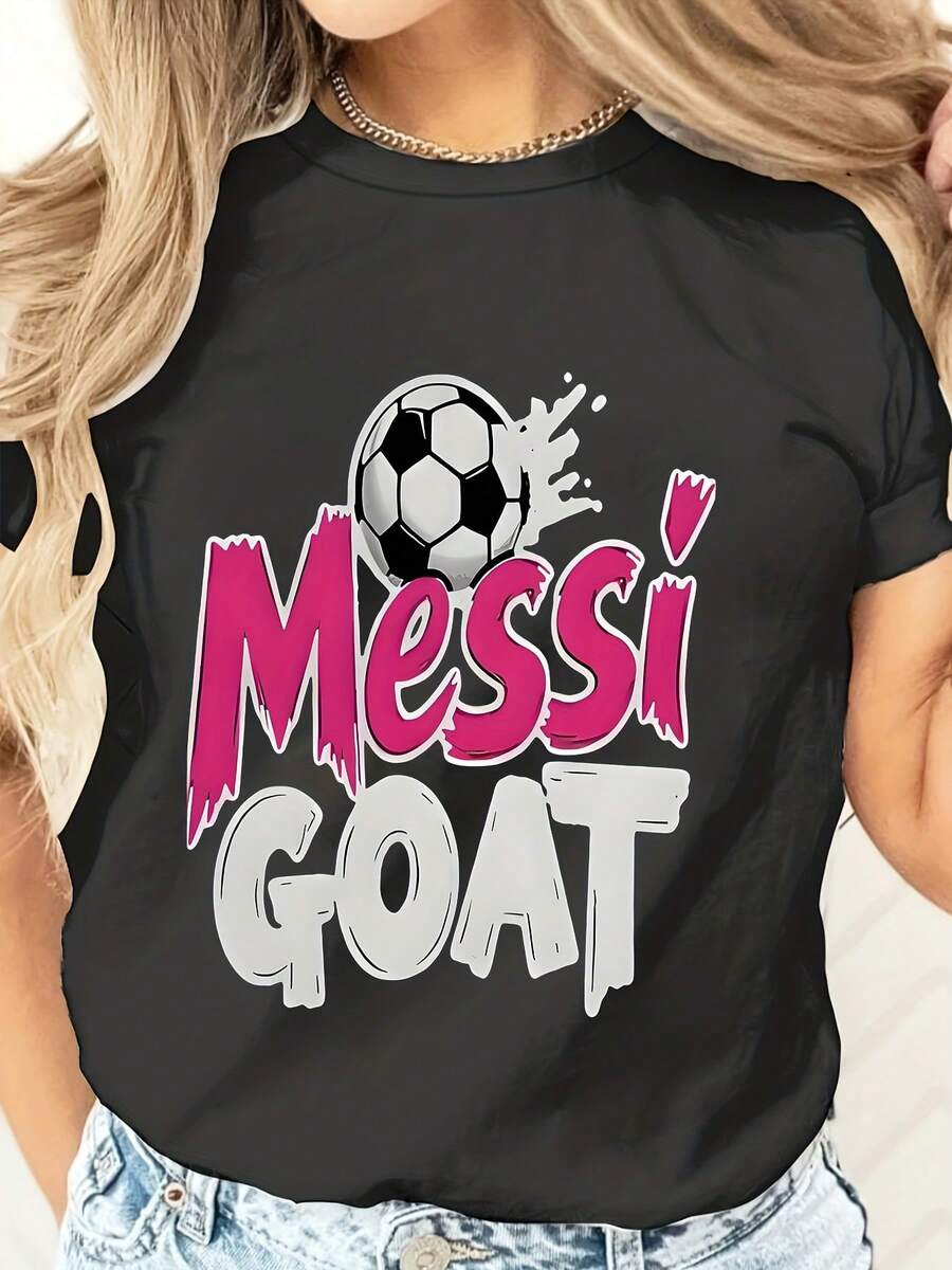 Plus Size Women's  T-Shirt With Messi GOAT Soccer Ball Print - Casual Sporty Top For Football Fans, Perfect For Everyday Wear And Sports Events220g - màu đen - Xem 1