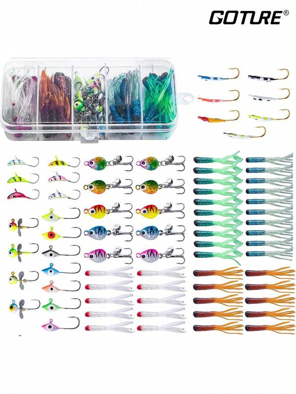 GOTURE طقم صيد السمك الجليدي - يأتي مع مجموعة متنوعة من خطافات الطعم، مصنوعة من الصلب الكربوني الرصاصي عالي الجودة، PVC، عيون ثلاثية الأبعاد واقعية وطلاء، وطعم مضيء بتصميم بروبلر ولامع