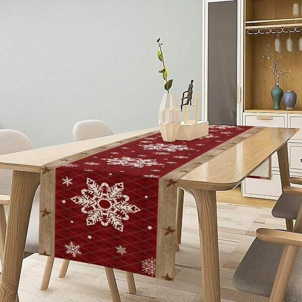 1pc Christmas Table Runner, Red Plaid Winter Christmas Snowflake Rustic Wooden Farmhouse Texas Style Kitchen Dining Table Decor, Holiday Living Room Home Party Seasonal Table Runner, 13x35/13x47/13x72/13x90/13x108 Inches