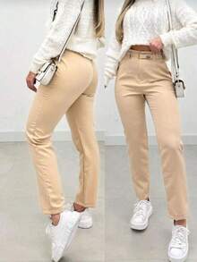 Women's High-Waisted Tailored Trousers - Beige - View 2