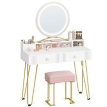 HEXCELEN Dressing Table With Stool And Lighting, Dressing Table With Mirror, 40 * 90 * 140 Cm, Dressing Tables With Drawers, Pink Upholstered Stool, Bedroom, Modern, Matte White And Gold - Phích cắm loại C của EU (220-240V) - Xem 9