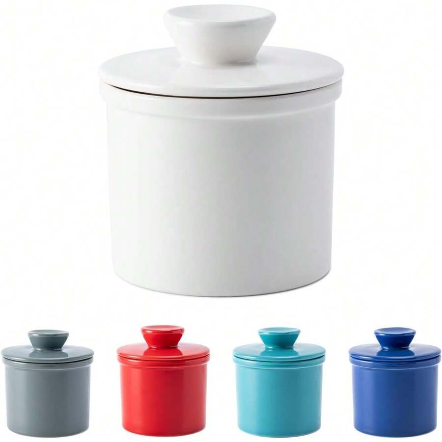 Butter Crock With Water Line For Countertop, French Dish With Lid, Ceramic Keeper For Fresh Spreadable Butter, Container Holder For Kitchen And Home Decor, White - trắng - Xem 1