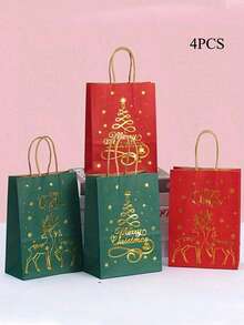 6/25pcs Christmas Kraft Paper Gift Bags, Red And Green With Golden Christmas Tree, Metallic Finish, Holiday Party Gift Bags With Handles, Suitable For Christmas Celebrations