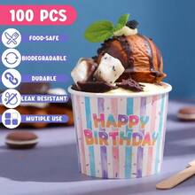 D100 Sets Happy Birthday Ice Cream Party Plies 6 Oz Paper Ice Cream Cups With Wood Spoons BulkBirthday Disposable Sundae Dert Bowls For Hot Or Cold Food Yogurt Bar - 豐富多彩的 - 查看 4