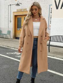 Saodimallsu Women's Elegant Long Wool Blend Coat Winter Double Breasted Pea Coat Notched Lapel Overjacket - Lạc đà - Xem 4
