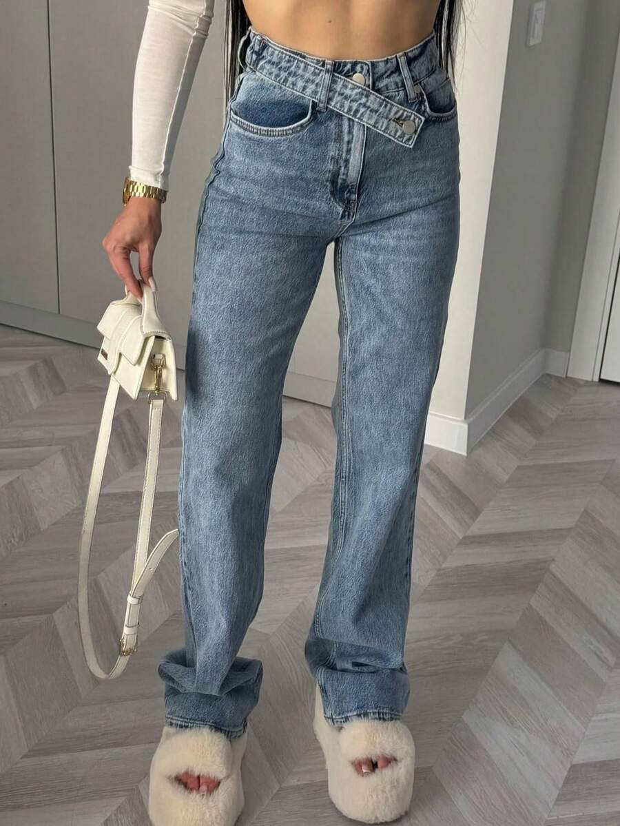 Dark Blue Denim Pants With Double Button Detail