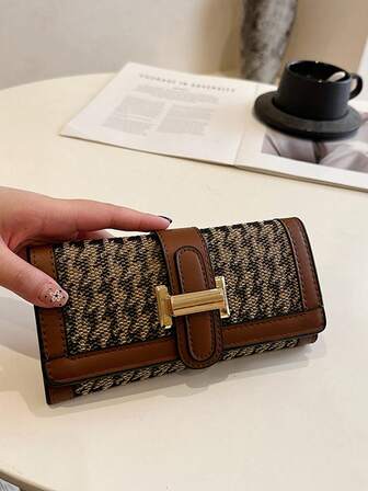 Houndstooth Brown Long Wallet With Buckle, Classic Retro Tri-Fold Women's Wallet, Fashionable Clutch Wallet With Card Slots, Anti-Theft Credit Card Holder, Large Capacity