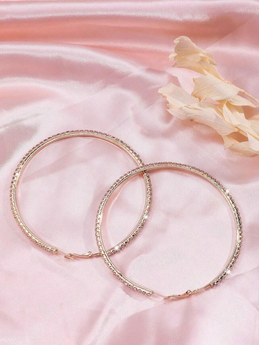 Minimalist Rhinestone Inlaid Chunky Hoop Earrings For Women, Fashionable & Chic Geometric Circle Drop Earrings - 銀色 - 查看 1