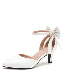 MAIERNISI JESSI Women's Wedding Evening Party Bow Kitten Heels Pumps Ankle Strap Buckle Dress Shoes - 白色霧面 - 查看 8
