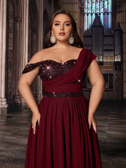 Plus Size Elegant Solid Color Chiffon Sequin Patchwork Strapless Slit Maxi Dress Wedding Spring Party