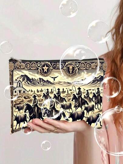 1pc Denim Cow Print Zipper Closure Makeup Bag, Durable Fade-Resistant Canvas Pouch, Portable Storage Bag, Student Pencil Case, Canvas Toiletry Bag, Pen Pouch Travel Bag, Snack Bag - Multifunctional Bag - Best Gift For Friends, Double-Sided Printing