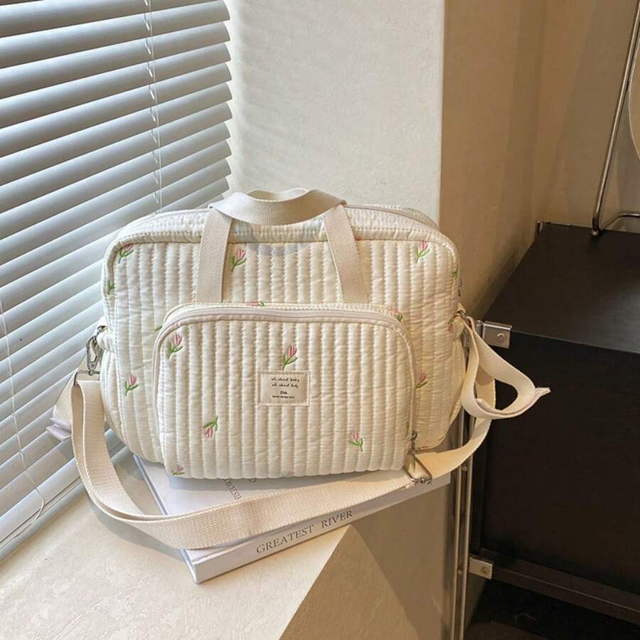 Fashionable Mama Bag With Embroidered Flowers, Handbag, Travel Bag With Large Capacity For Mother And Baby (Sac à Langer Bébé,Bebe Nouveau Né,Bébé,Grossesse,Trousse De Toilette Bébé) - 白色鬱金香 - 查看 1