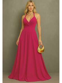 Long Dress For Bridesmaid Cheap Princess Tank Top For Women Graduation Event Guests - Rosa Fucsia - Ver 1