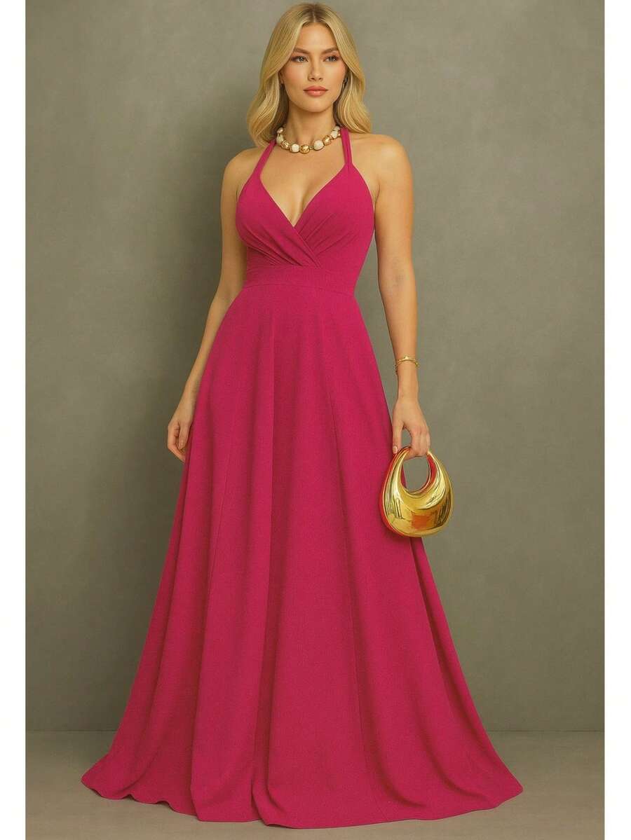Long Dress For Bridesmaid Cheap Princess Tank Top For Women Graduation Event Guests - Rosa Fucsia - Ver 1