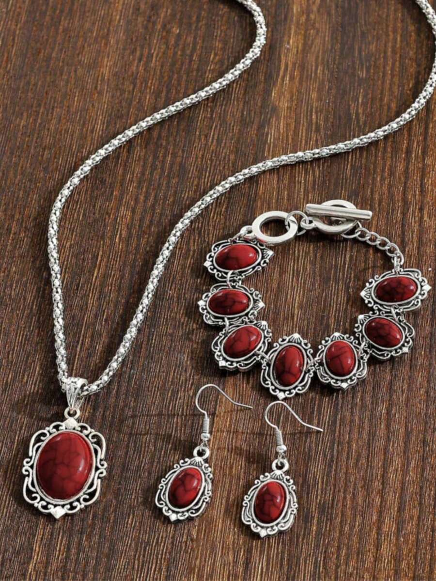 1 Set Turquoise Necklace, Earrings, Bracelet Bohemian Vintage Jewelry Set - Red - View 1